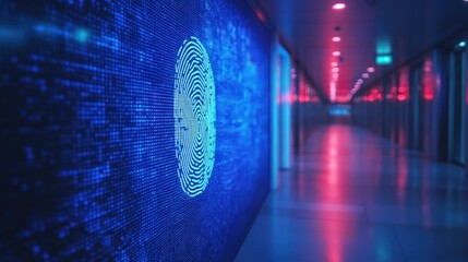 Futuristic hallway with digital fingerprint on wall.