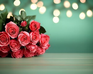 Poster - Pink roses bouquet on teal wooden table with bokeh lights background.