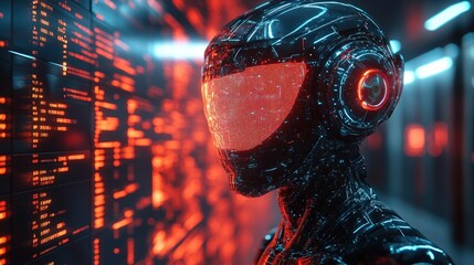 Futuristic robot observing digital code on a large screen.