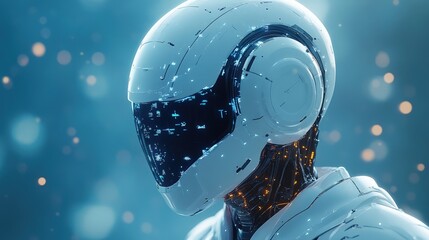Futuristic white robot head with glowing internal components, set against a teal bokeh background.