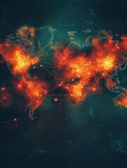 Aufkleber - World map displaying highlighted zones of epidemic outbreaks across various regions with connection points. Generative AI