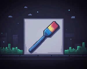 Canvas Print - Pixel art paintbrush on a city night background.