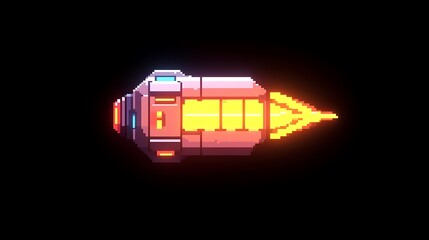 Canvas Print - Pixel art spaceship in flight, glowing engine.