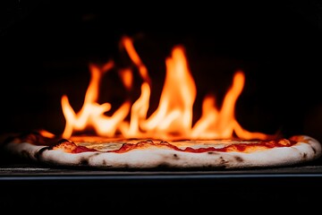 Pizza baking in a wood-fired oven with flames. (1)