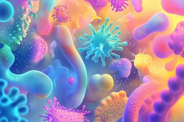 Aufkleber - Vibrant illustration showcasing diverse microscopic microbes with unique shapes and textures in a colorful environment. Generative AI
