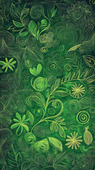 Wall Mural - The image is a vibrant, hand-drawn illustration featuring an intricate pattern of swirling lines, leaves, flowers, and various plant elements