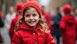 © Ksenia Pestereva - Creative banner for National Wear Red Day featuring a joyous young Caucasian girl in a striking red outfit, symbolizing health awareness.