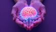 © Xenia - Stylish design featuring a brain outline cradled in hands against a purple background for International Epilepsy Day, providing space for messages of support.
