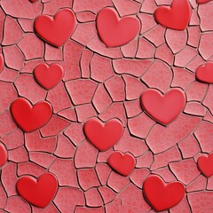 Wall Mural - Red hearts on cracked surface background.