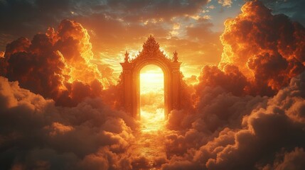 Wall Mural - Golden gate in fiery clouds, heaven, sunrise.