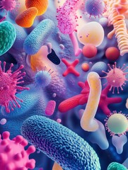 Poster - Illustration of diverse microscopic microbes showcasing vibrant shapes and unique textures in close up detail. Generative AI