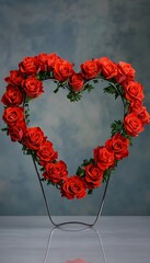 Wall Mural - Red roses arranged in heart shape on wire frame.