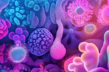 Poster - Illustration showcases diverse microscopic microbes in vibrant colors and intricate textures under a digital lens. Generative AI