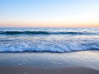 Wall Mural - Serene Ocean Waves Gently Rolling onto Sandy Beach at Sunset Horizon : Generative AI