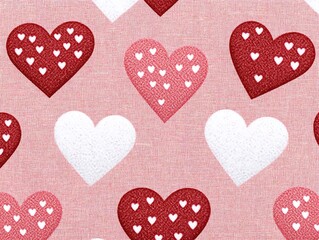 Wall Mural - Seamless pattern of pink, red, and white hearts on pink textured background.