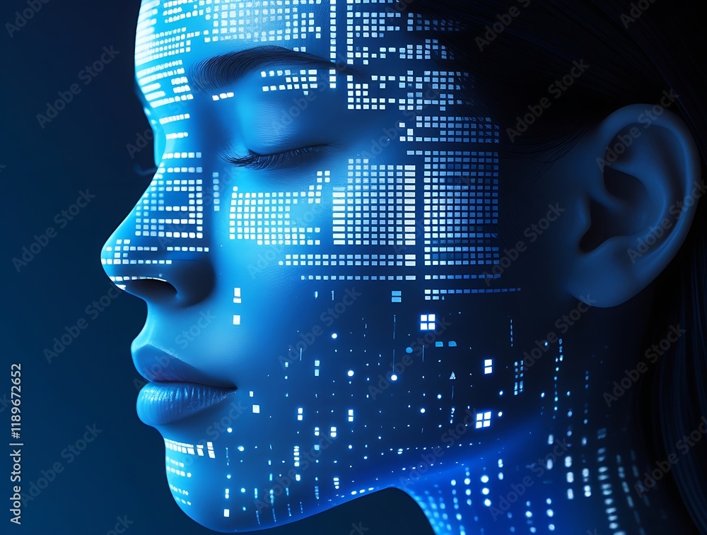 Machine Learning Face Digital face with futuristic blue glowing code patterns, representing ...