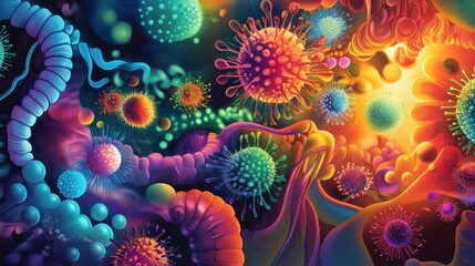 Poster - Exploring the vibrant world of microscopic microbes showcasing diverse shapes and intricate textures. Generative AI