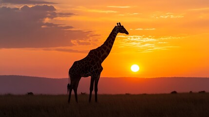 Poster - Breathtaking silhouette of a giraffe against a vibrant African sunset in the serene savannah : Generative AI