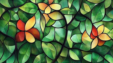 Wall Mural - A vibrant stained glass design featuring colorful flowers and lush green leaves.