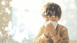 © Thiago - A young boy sneezes into a tissue, highlighting common cold symptoms, indoors with a minimalist white background, capturing the essence of illness in childhood. Snowveil. Illustration