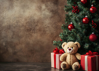 Christmas Teddy Bear by the Tree: A Festive Holiday Scene