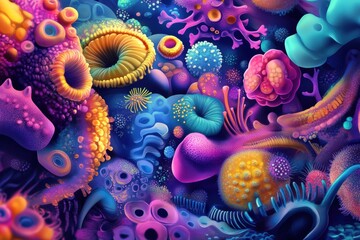 Aufkleber - Exploring the vibrant world of microscopic microbes in various shapes and textures. Generative AI
