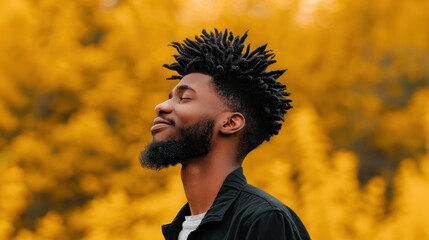 Wall Mural - Vibrant portrait of a joyful bearded man set against a bright yellow backdrop, radiating positivity and charm.