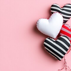 Wall Mural - Three fabric hearts on pink background.