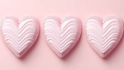 Wall Mural - Three pink heart-shaped objects with textured surface and lace border on pink background.