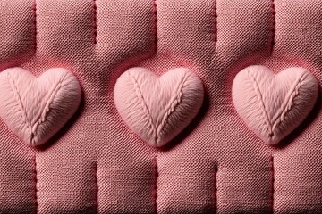 Wall Mural - Three pink heart-shaped objects on quilted fabric.