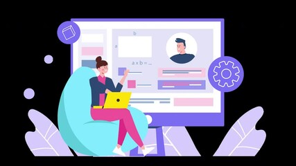 Wall Mural - A young European woman using a laptop, seated in a colorful chair, with a computer interface in the background.