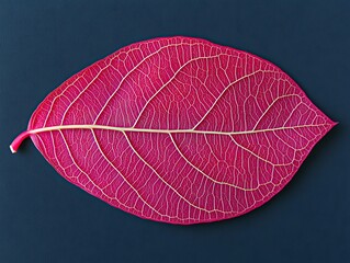 Wall Mural - Vibrant pink leaf with detailed veins on dark background.