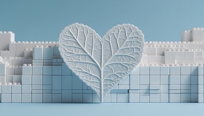 Wall Mural - White heart-shaped leaf on white blocks.