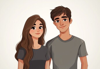 A cute anime-style couple avatar featuring a girl with long brown hair and her boyfriend in a gray T-shirt.