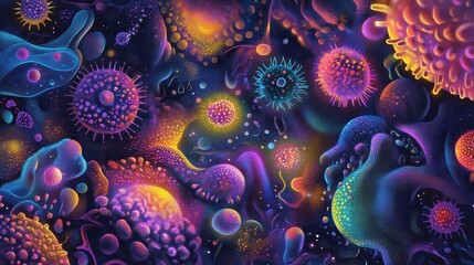 Aufkleber - Illustration of colorful microscopic microbes showcasing diverse shapes and textures in a vibrant environment. Generative AI