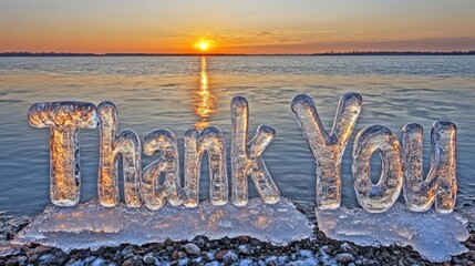 A stunning winter sunset casts a warm glow on an ice sculpture spelling out 'Thank You', situated by a tranquil water body. The scene captures gratitude in nature