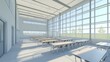 © NAIMAH - Modern School Cafeteria Design: Sunlight Filled Space with Rows of Tables and Chairs