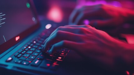 Neon Night Coding: Hands Typing on Laptop Keyboard Under Vibrant Pink and Blue Lighting
