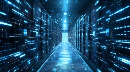 Leinwandbilder - Futuristic data center corridor with digital technology network : Generative AI