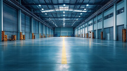 Poster - Modern Industrial Empty Warehouse with High Ceilings and Lighting : Generative AI