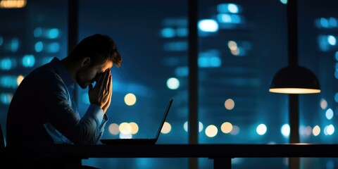 Man stressed at work in a dark office overlooking city lights at night with copy space