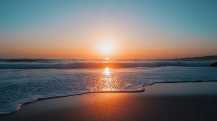 Poster - Vibrant Oceanfront Sunset with Waves Gently Lapping the Shore Under a Serene Sky : Generative AI