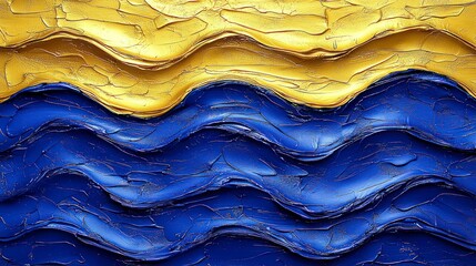 Thick paint waves, gold and blue.