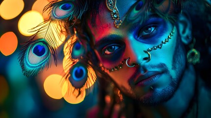 Peacock-feathered man, colorful makeup, bokeh background, festival portrait