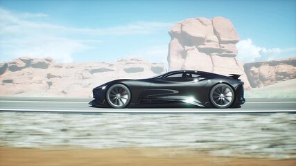 Wall Mural - futuristic black electric sport car very fast driving on desert highway. futuristic concept. realist