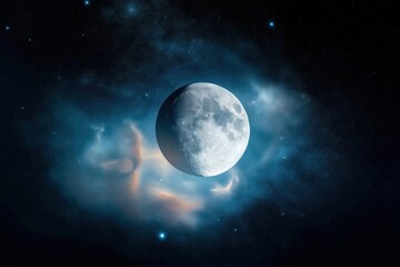 Wall Mural - full moon glows brightly in starry night sky filled with cosmic clouds, nebula. spacecraft travels t