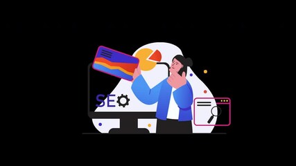 Wall Mural - a digital marketing professional analyzing seo data in a creative animated style.