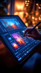 Graphic designer uses stylus on touch screen device to edit lighting, color balance of photos. Pro photo editor works on digital tablet. Designer enhances photos for magazine publications. Creative