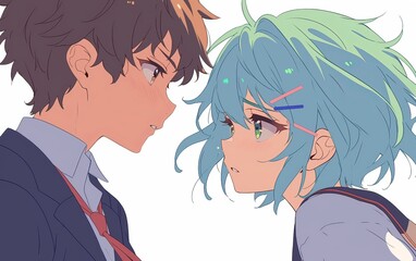 Two anime characters facing each other in profile. One with brown hair in a school uniform with a blazer on the left side, the other with light blue-green short hair in casual attire on the right.