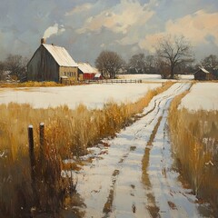 Wall Mural - Snowy Countryside Farm Winter Landscape